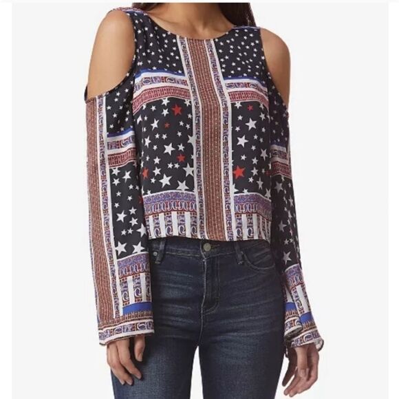 Avec Les Filles Tie-Back Stars & Stripes Cold Shoulder Blouse Size Medium - Picture 1 of 7